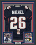 Framed Autographed/Signed Sony Michel 35x39 New England Blue Football Jersey JSA COA