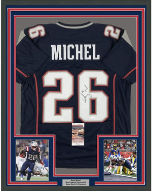 Framed Autographed/Signed Sony Michel 35x39 New England Blue Football Jersey JSA COA