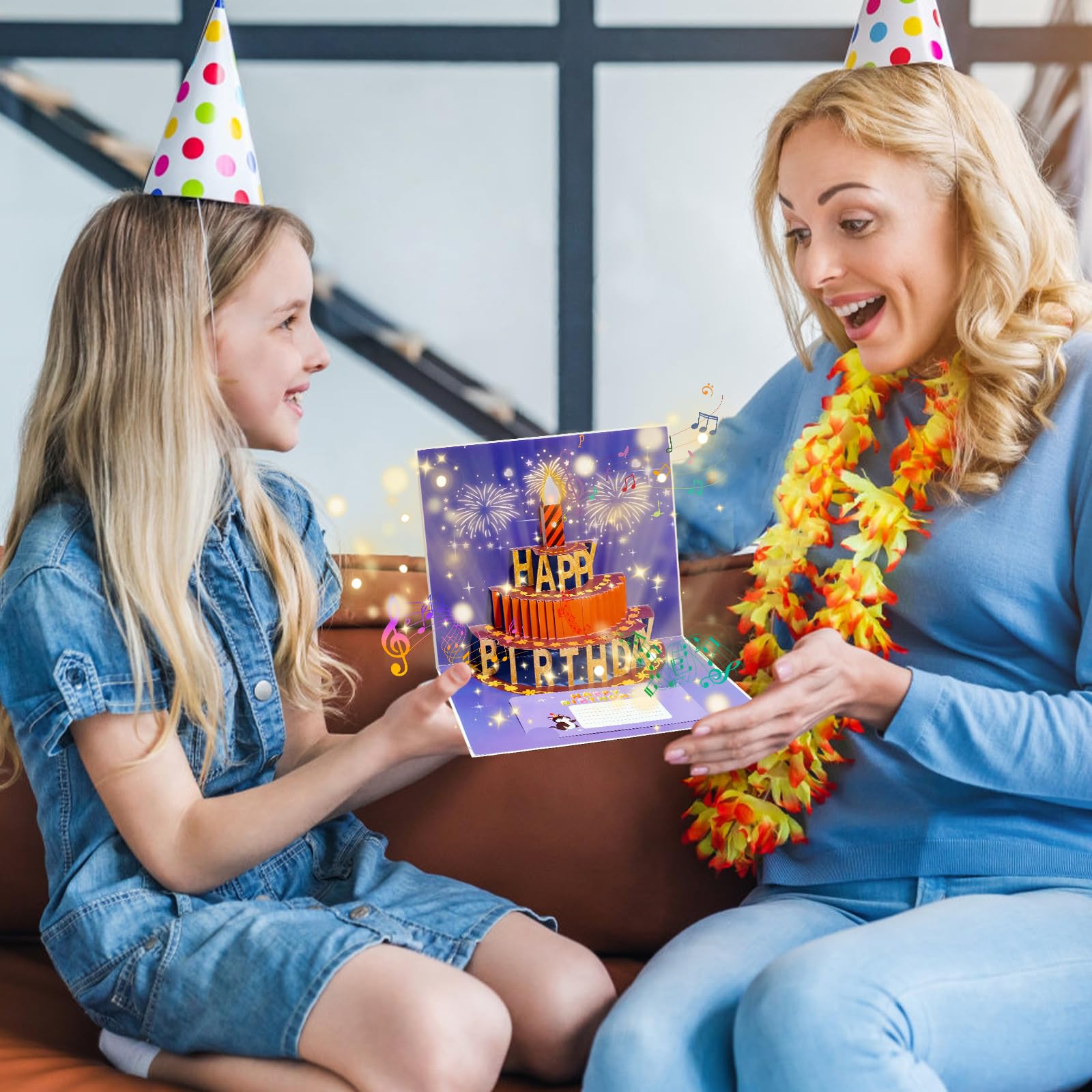 CANREVEL 3D Pop Up Fireworks Birthday Card LED Music Orange Cake Color