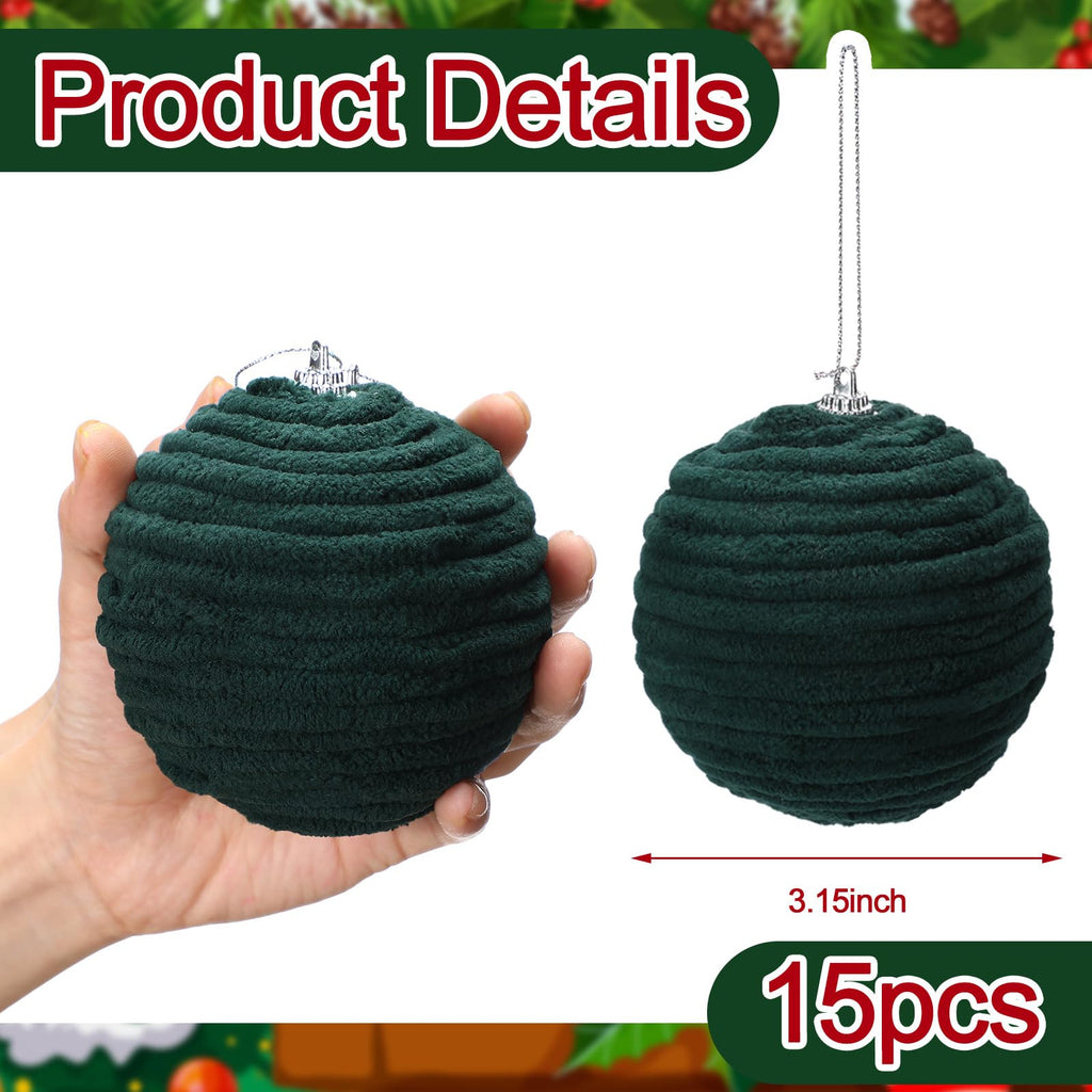Soulchen 15 Pcs 3.15" Large Green Velvet Flocked Christmas Balls Ornaments