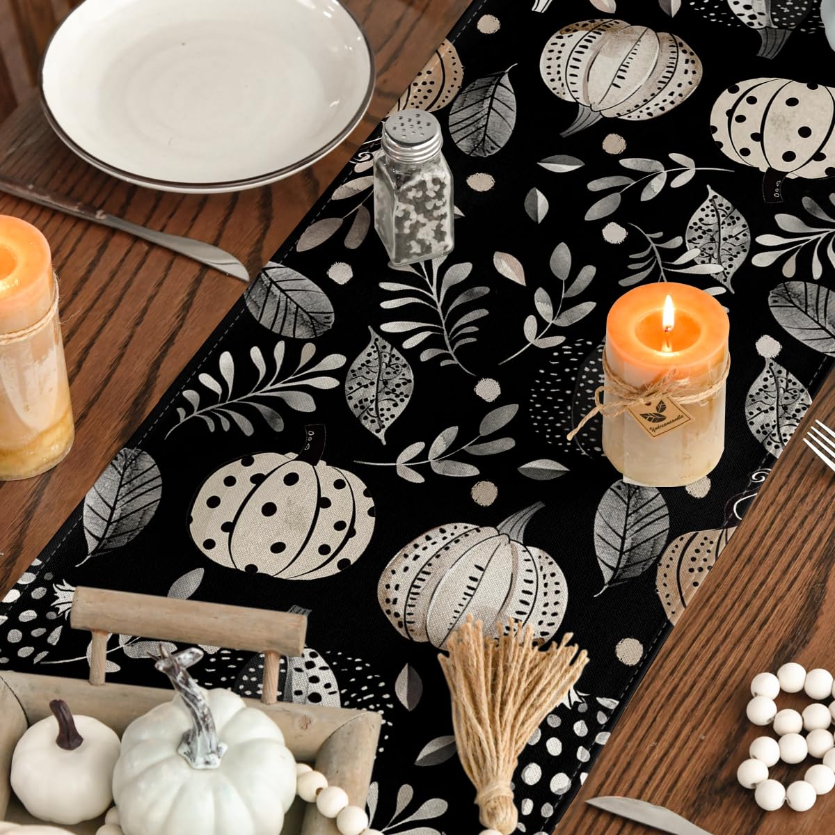 Artoid Mode Harvest Pumpkin Darkness Floral Table Runner Black 13x90 Inch