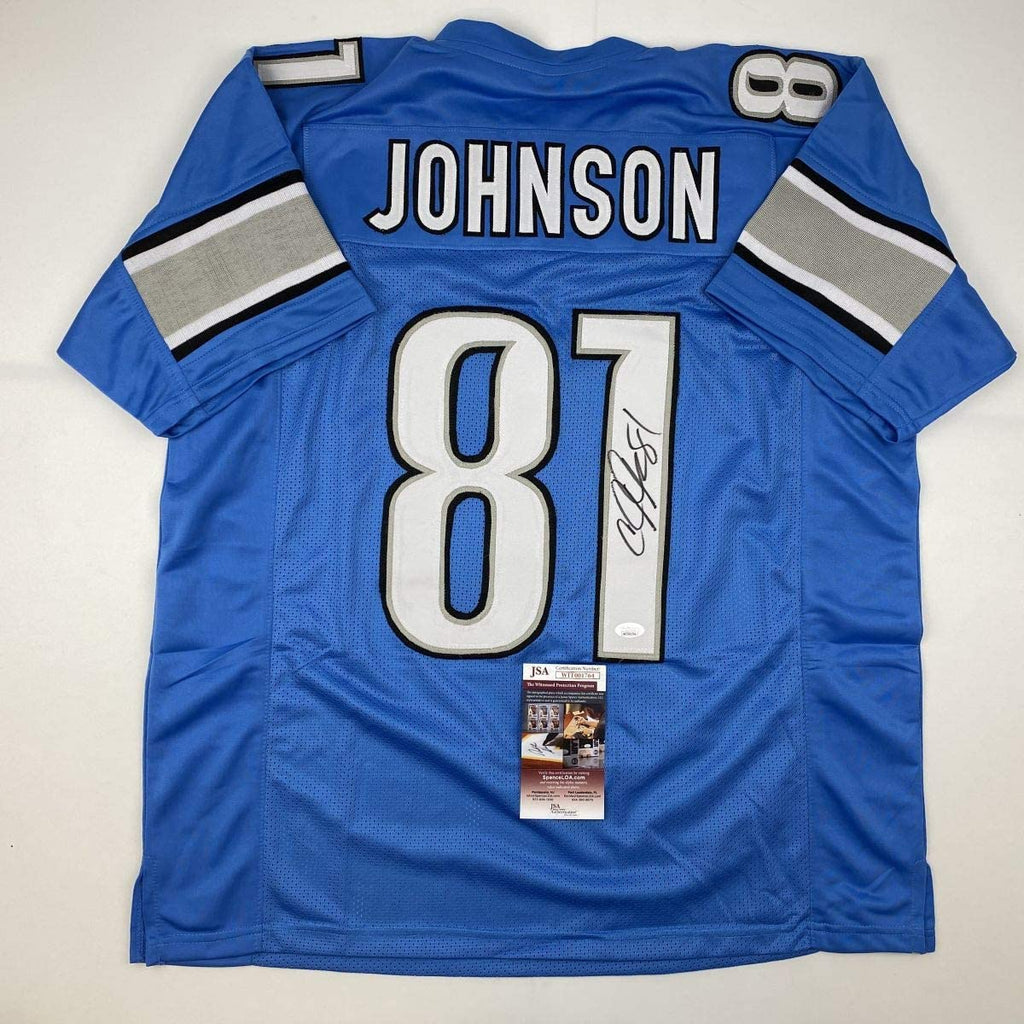 Autographed/Signed Calvin Johnson Detroit Blue Football Jersey JSA COA