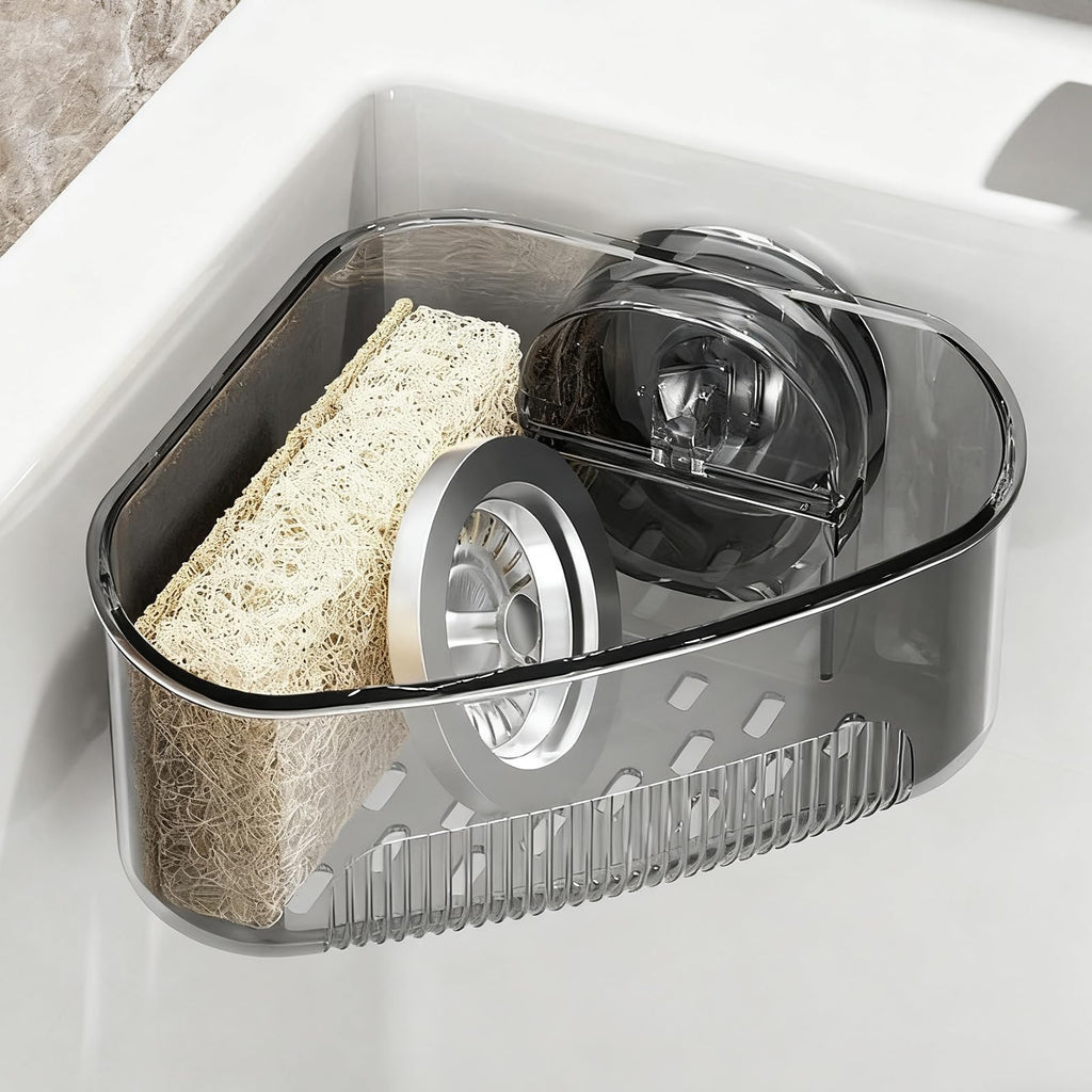 Plman Sink Strainer Basket, Triangle Suction Cup Sink Corner Rack, New Upgraded Corner Sink Strainer with Drainage Hole, Punch-Free Corner Sink Trash Catcher for Kitchen and Bathroom (Black)