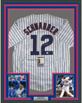 Framed Autographed/Signed Kyle Schwarber 35x39 Chicago Pinstripe Baseball Jersey JSA COA