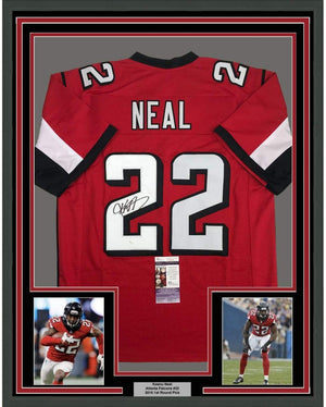 Framed Autographed/Signed Keanu Neal 35x39 Atlanta Red Football Jersey JSA COA