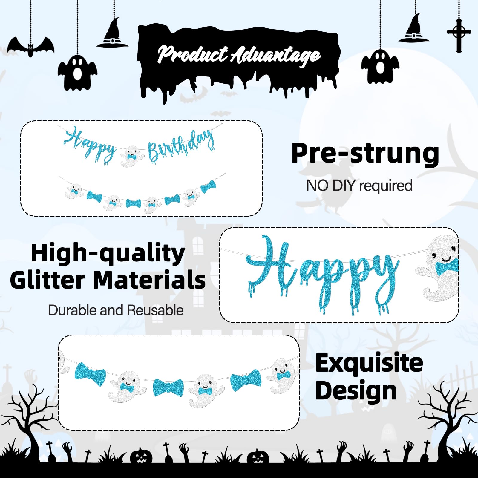 Vofrise Blue Halloween Birthday Banner Glitter Bow Tie Ghost Garland