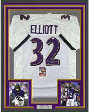 Framed Autographed/Signed DeShon Elliott 35x39 Baltimore White Football Jersey JSA COA