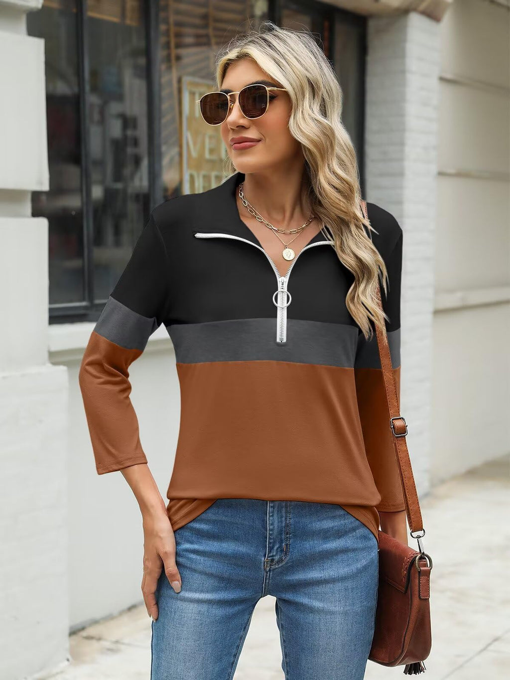 TICTICMISS Women's V Neck 3/4 Sleeve Zipper Polo Shirt Black-Charcoal-Brown L