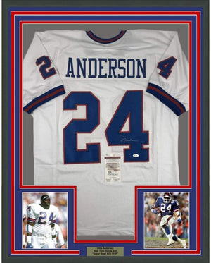 Framed Autographed/Signed Ottis Anderson 35x39 New York White Football Jersey JSA COA