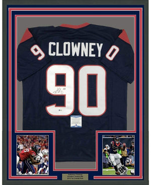Framed Autographed/Signed Jadaveon Clowney 35x39 Houston Blue Football Jersey Beckett BAS COA