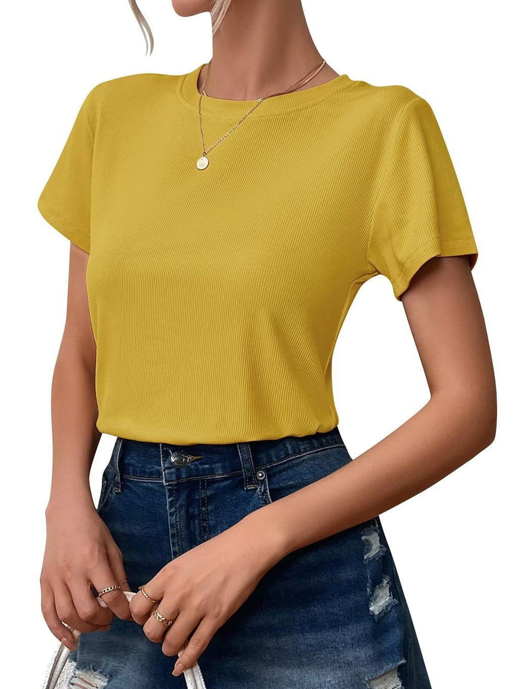 Ridshy Women's Ribbed Crewneck Short Sleeve T-Shirt, Yellow, Size L