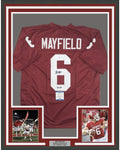 Framed Autographed/Signed Baker Mayfield 17 HT  35x39 Oklahoma Sooners Crimson Red College Football Jersey JSA COA