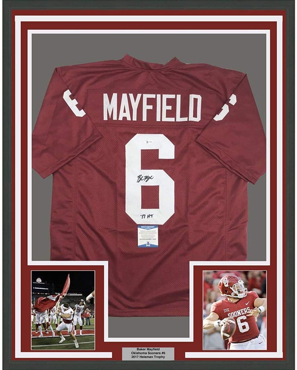 Framed Autographed/Signed Baker Mayfield 17 HT  35x39 Oklahoma Sooners Crimson Red College Football Jersey JSA COA
