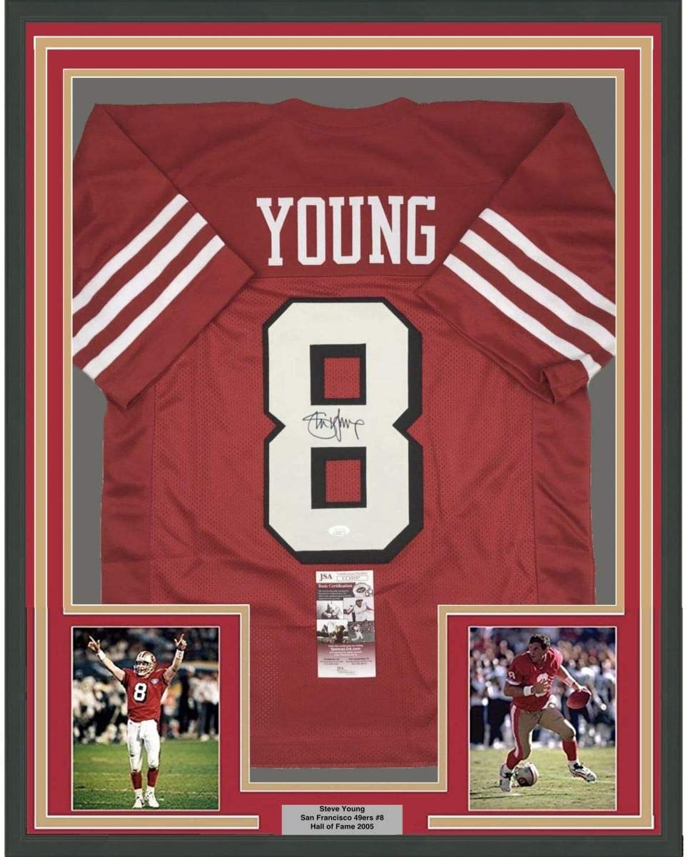 Framed Autographed/Signed Steve Young 35x39 San Francisco Red Shadow Football Jersey JSA COA