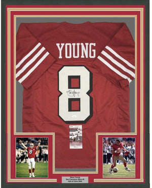 Framed Autographed/Signed Steve Young 35x39 San Francisco Red Shadow Football Jersey JSA COA
