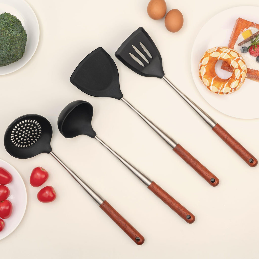FJNATINH Silicone Spatula Turner Ladle Skimmer Set Stainless Steel Wood 4Pc