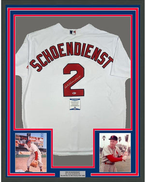 Framed Autographed/Signed Red Schoendienst 35x39 St. Louis White Baseball Jersey Beckett BAS COA