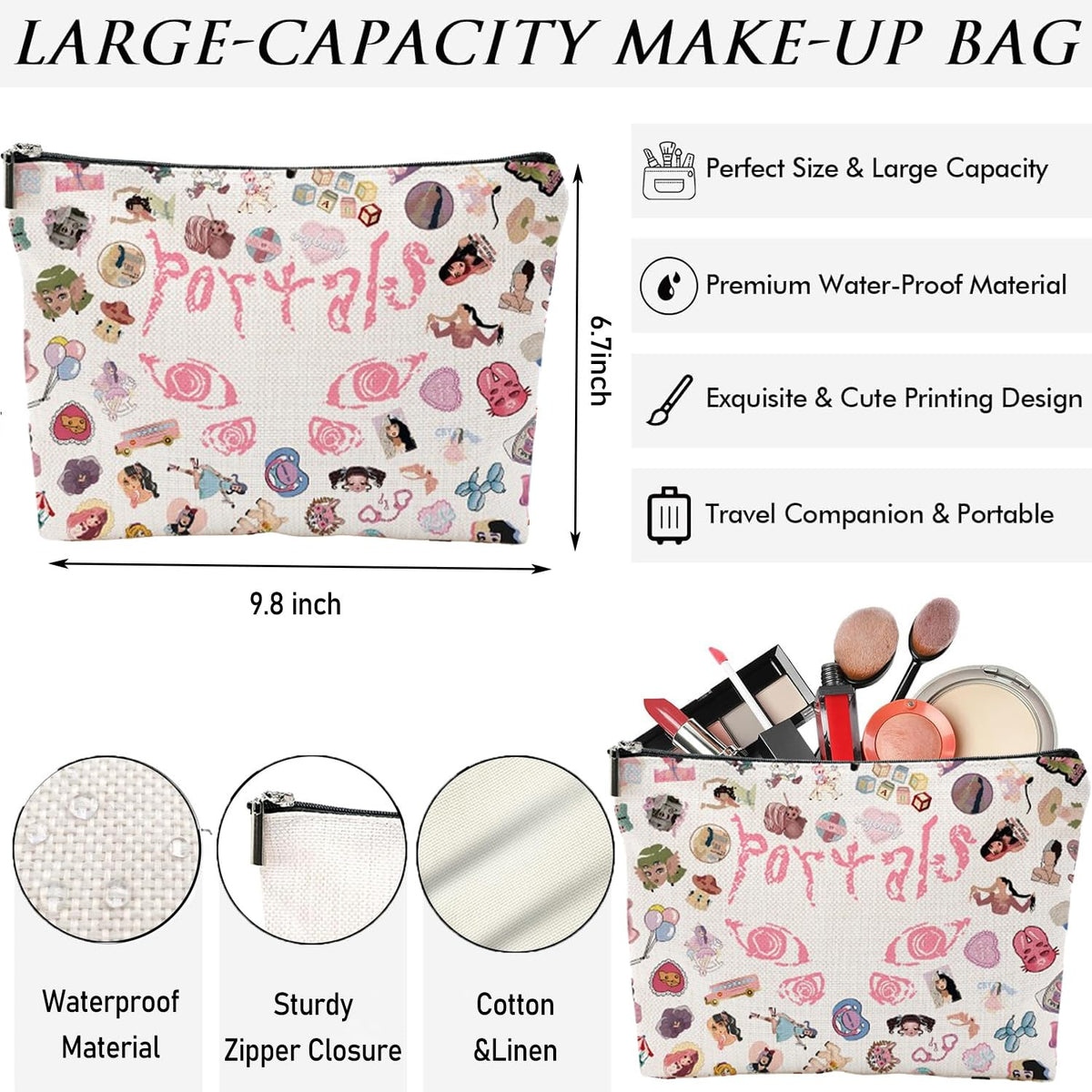 Large-Capacity Makeup Bag with Character Print, 9.8 x 6.7 in