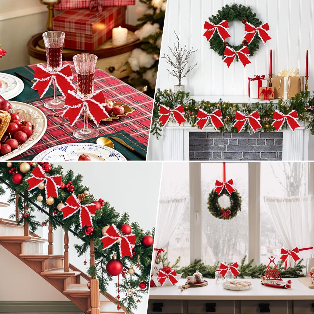 12 PCS Red Christmas Bows, 6 Inch Large Wreaths Bows for Christmas Tree Gift Wrapping Garland Xmas Tree Bow Ribbon Ornaments for Christmas Decoration Holiday Basket Christmas New Year Party Decor