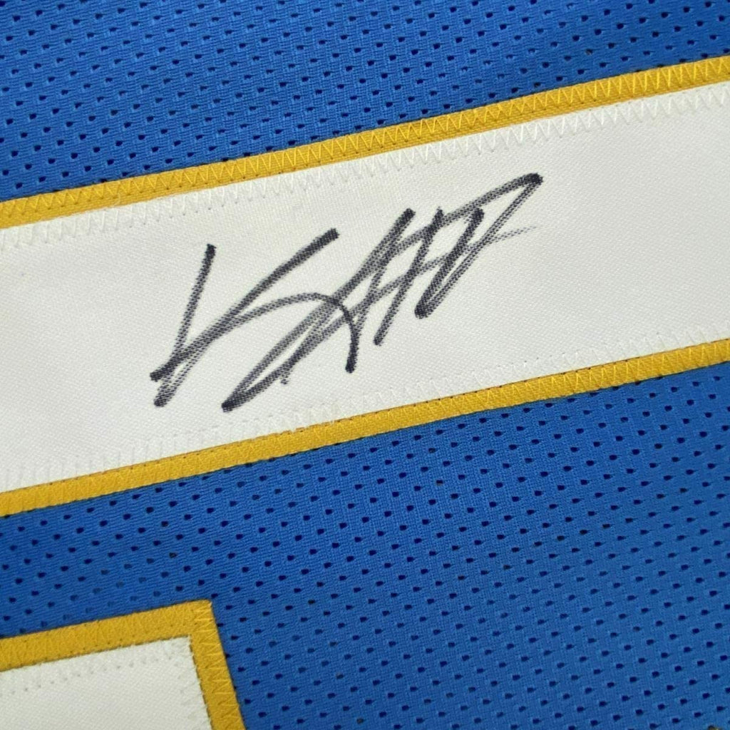 Framed Autographed/Signed Keenan Allen 35x39 Los Angeles LA 2020 Powder Blue Football Jersey JSA COA