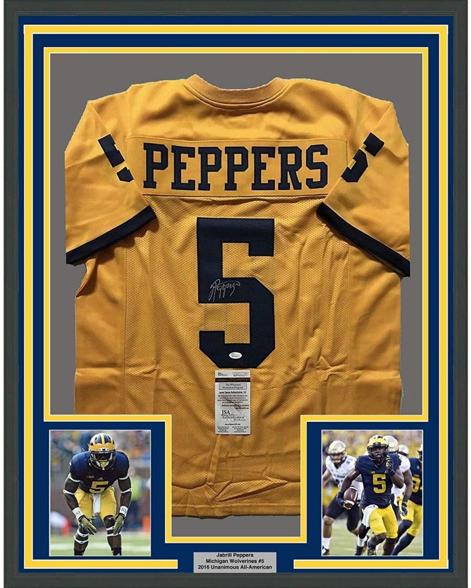Framed Autographed/Signed Jabrill Peppers 35x39 Michigan Yellow College Football Jersey JSA COA