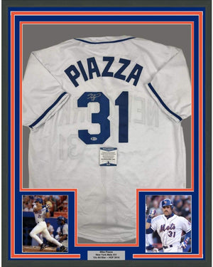 Framed Autographed/Signed Mike Piazza 35x39 New York NY White Baseball Jersey Beckett BAS COA