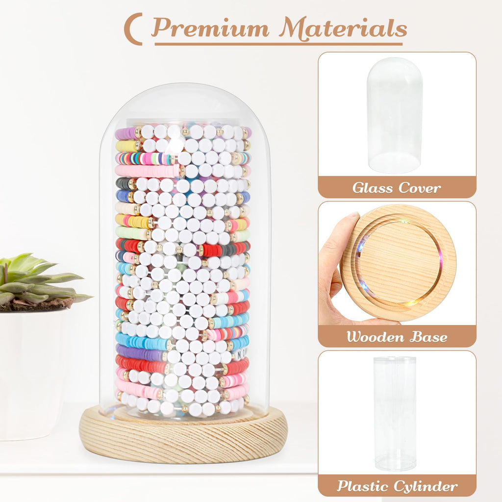 Aolamegs Friendship Bracelets Organizer with Lights Transparent Rustic Wood Base