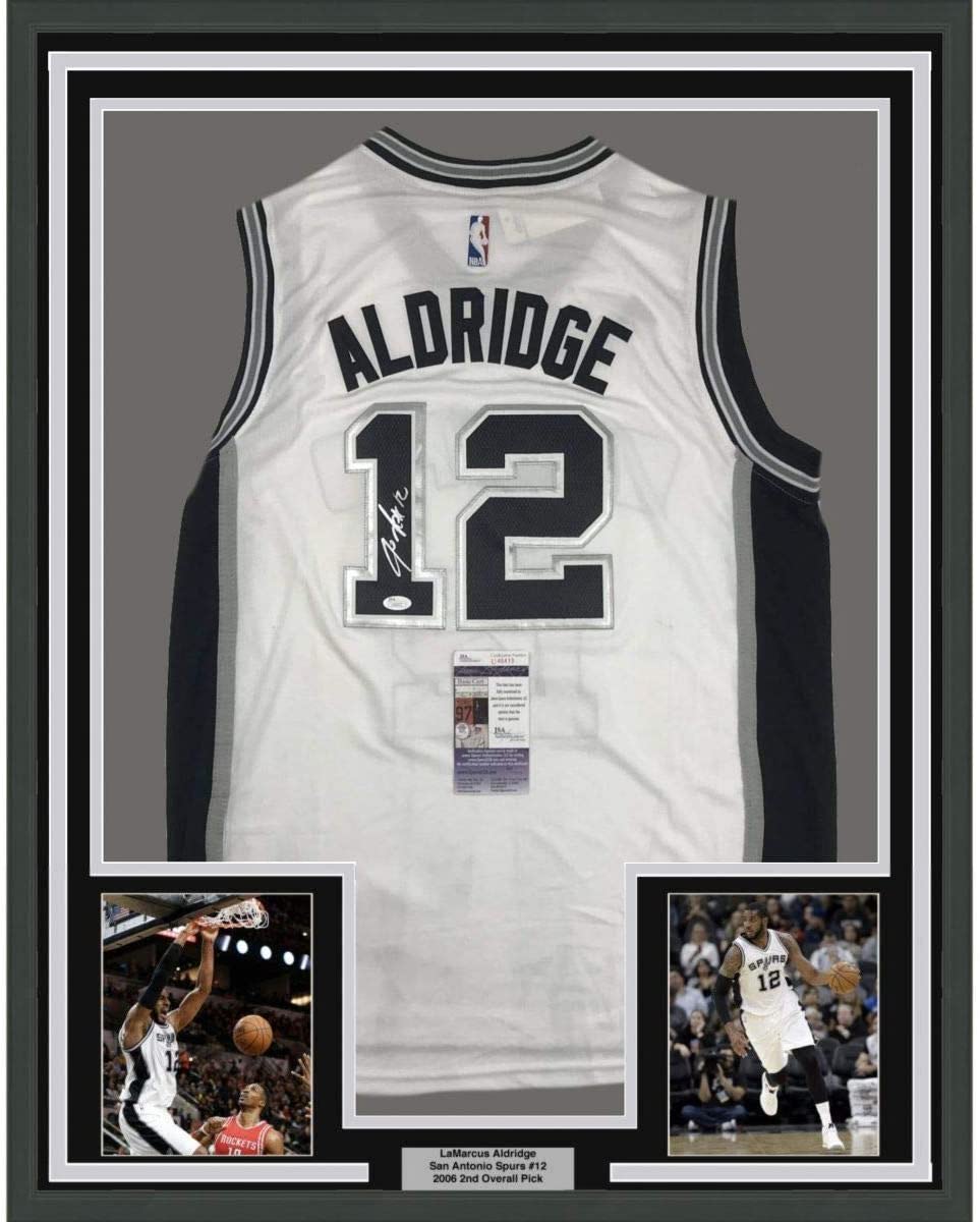 Framed Autographed/Signed LaMarcus Aldridge 35x39 San Antonio White Basketball Jersey JSA COA