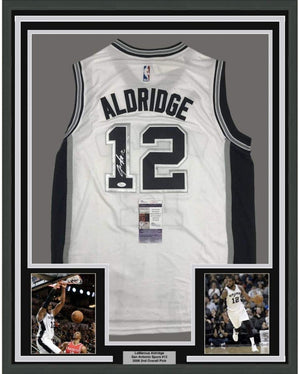 Framed Autographed/Signed LaMarcus Aldridge 35x39 San Antonio White Basketball Jersey JSA COA