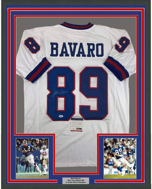 Framed Autographed/Signed Mark Bavaro 35x39 New York White Football Jersey PSA/DNA COA