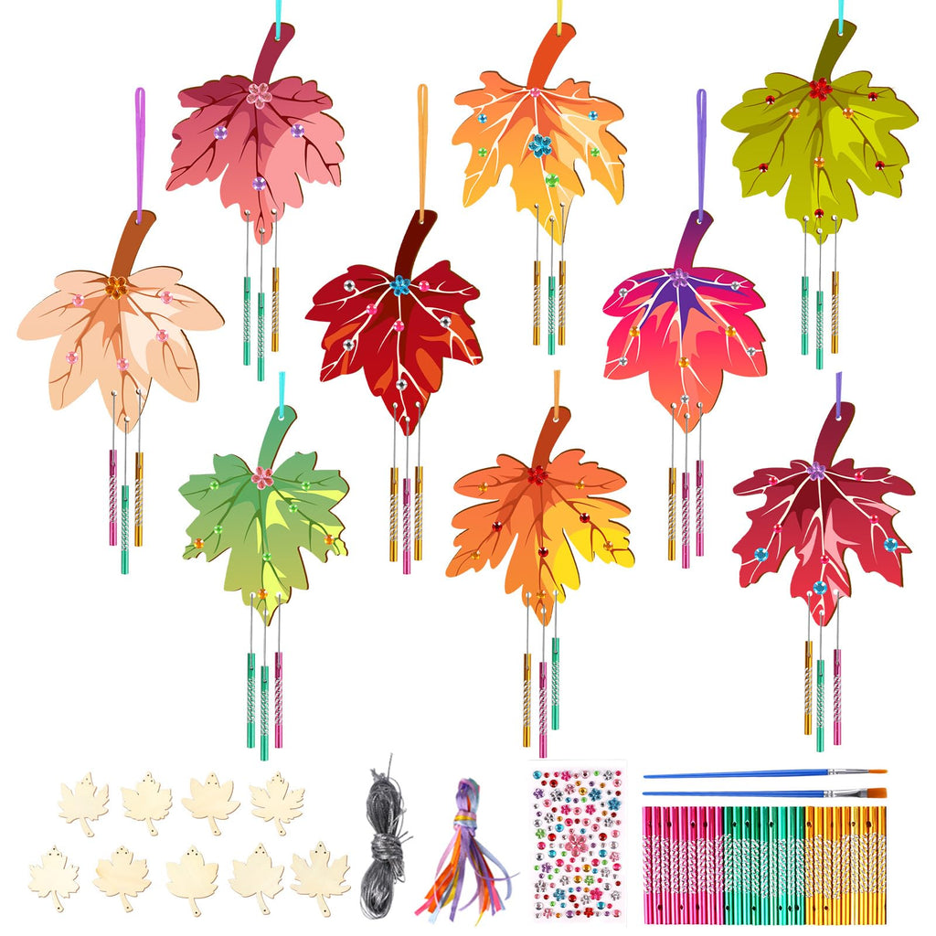 SRIZIAN 9 Pack Maple Leaf Wind Chimes Kit DIY Wood Crafts Kids Autumn Party