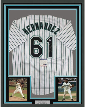Framed Autographed/Signed Livan Hernandez 97 WS MVP 35x39 Florida Pinstripe Baseball Jersey PSA/DNA COA