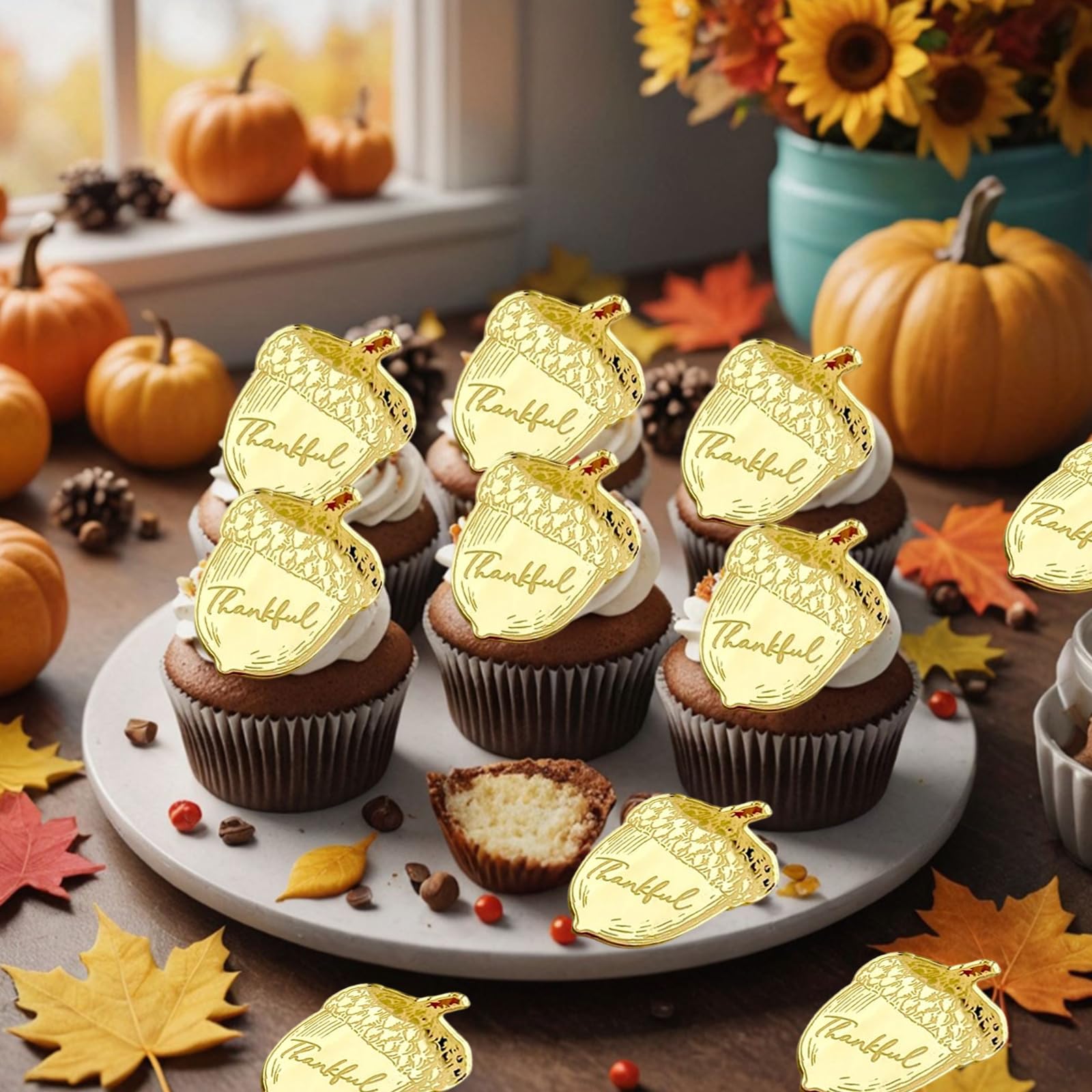 mdgfge 20Pcs Thanksgiving Gold Chestnut Acrylic Cupcake Toppers Decor