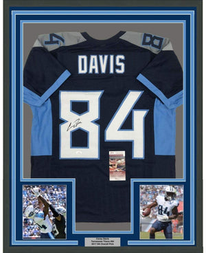 Framed Autographed/Signed Corey Davis 35x39 Tennessee 2018 Dark Blue Football Jersey JSA COA