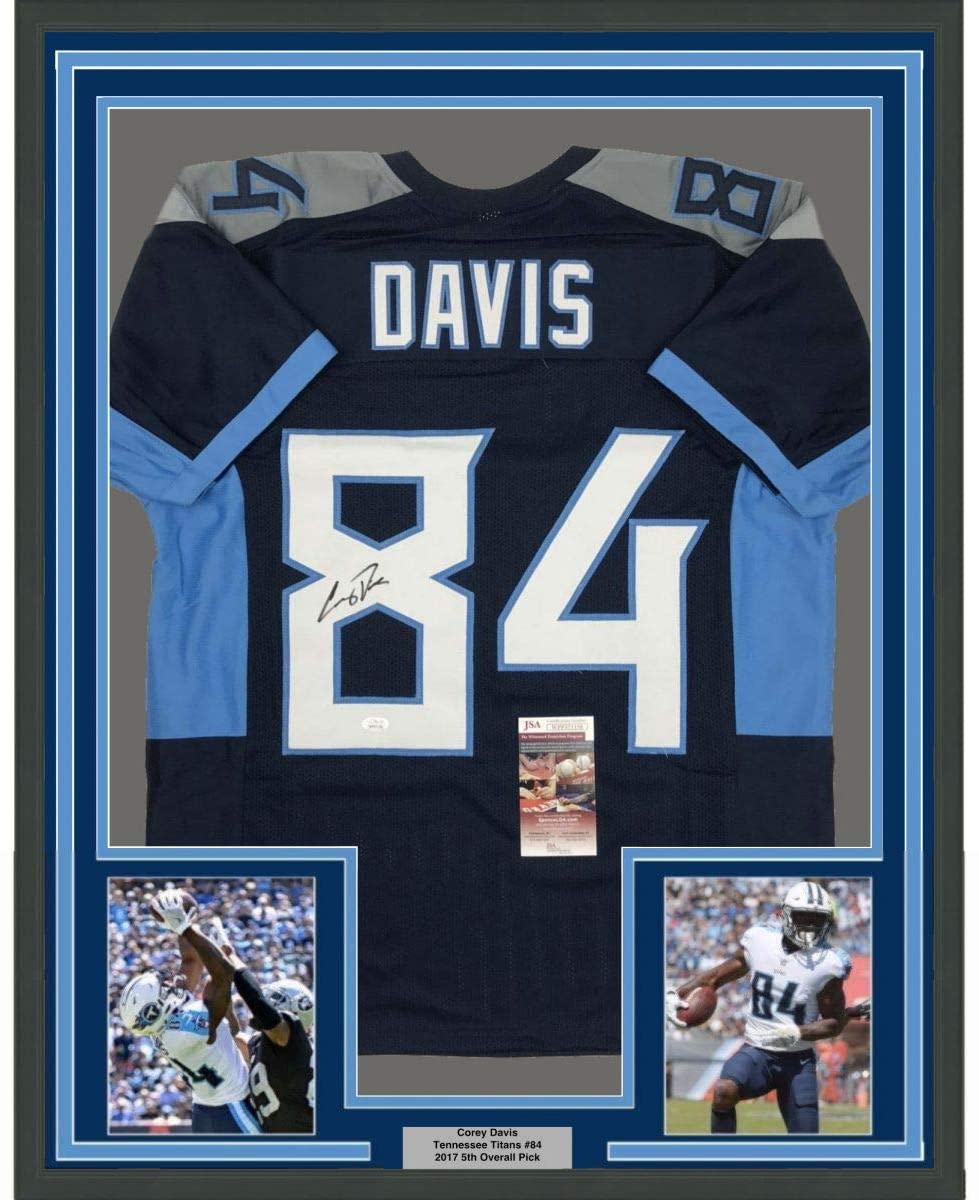 Framed Autographed/Signed Corey Davis 35x39 Tennessee 2018 Dark Blue Football Jersey JSA COA