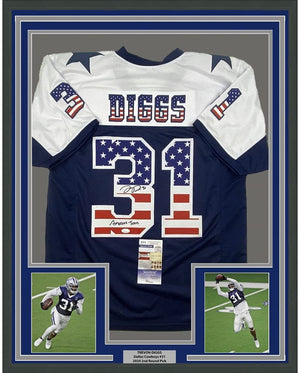 Framed Autographed/Signed Trevon Diggs 35x39 America's Team Dallas Blue Football Jersey JSA COA