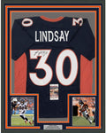 Framed Autographed/Signed Phillip Lindsay 35x39 Denver Blue Football Jersey JSA COA