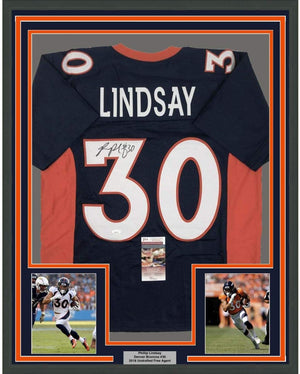 Framed Autographed/Signed Phillip Lindsay 35x39 Denver Blue Football Jersey JSA COA