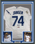 Framed Autographed/Signed Kenley Jansen 35x39 2017 National League Champs Los Angeles LA White Baseball Jersey PSA/DNA COA