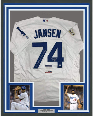 Framed Autographed/Signed Kenley Jansen 35x39 2017 National League Champs Los Angeles LA White Baseball Jersey PSA/DNA COA