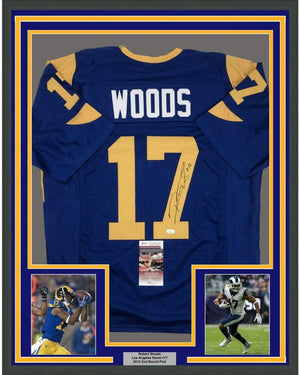 Framed Autographed/Signed Robert Woods 35x39 Los Angeles LA Retro Blue Football Jersey JSA COA