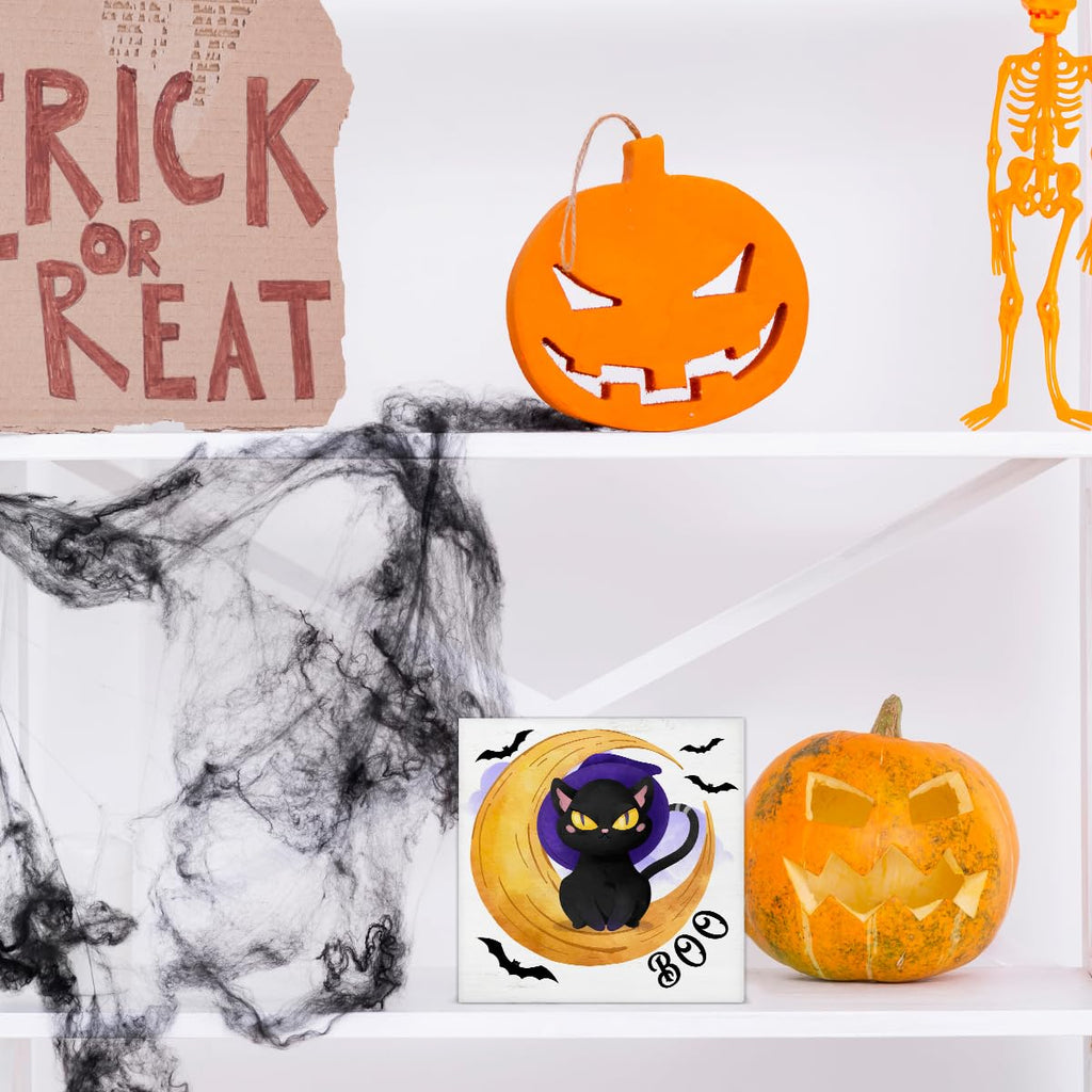 Hijie Halloween Black Cat Bat Wooden Sign Decor 5x5 Inches Indoor