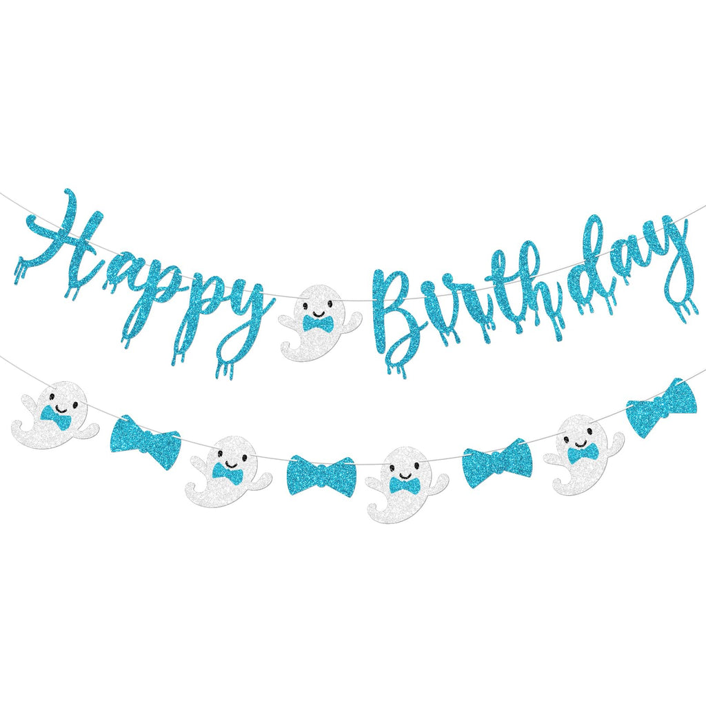 Vofrise Blue Halloween Birthday Banner Glitter Bow Tie Ghost Garland