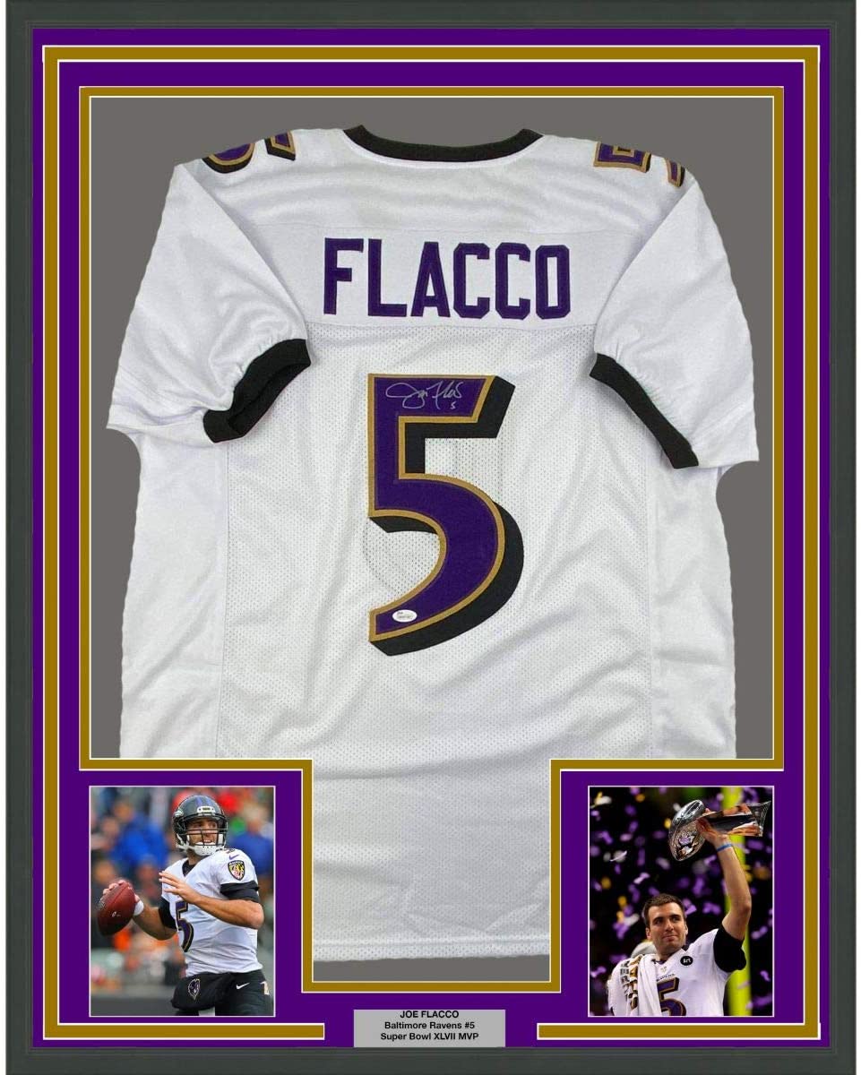 Framed Autographed/Signed Joe Flacco 35x39 Baltimore White Football Jersey JSA COA