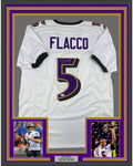 Framed Autographed/Signed Joe Flacco 35x39 Baltimore White Football Jersey JSA COA