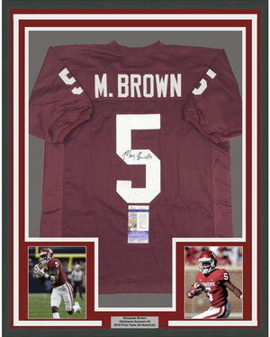 Framed Autographed/Signed Marquise Brown 35x39 Oklahoma Red College Football Jersey JSA COA