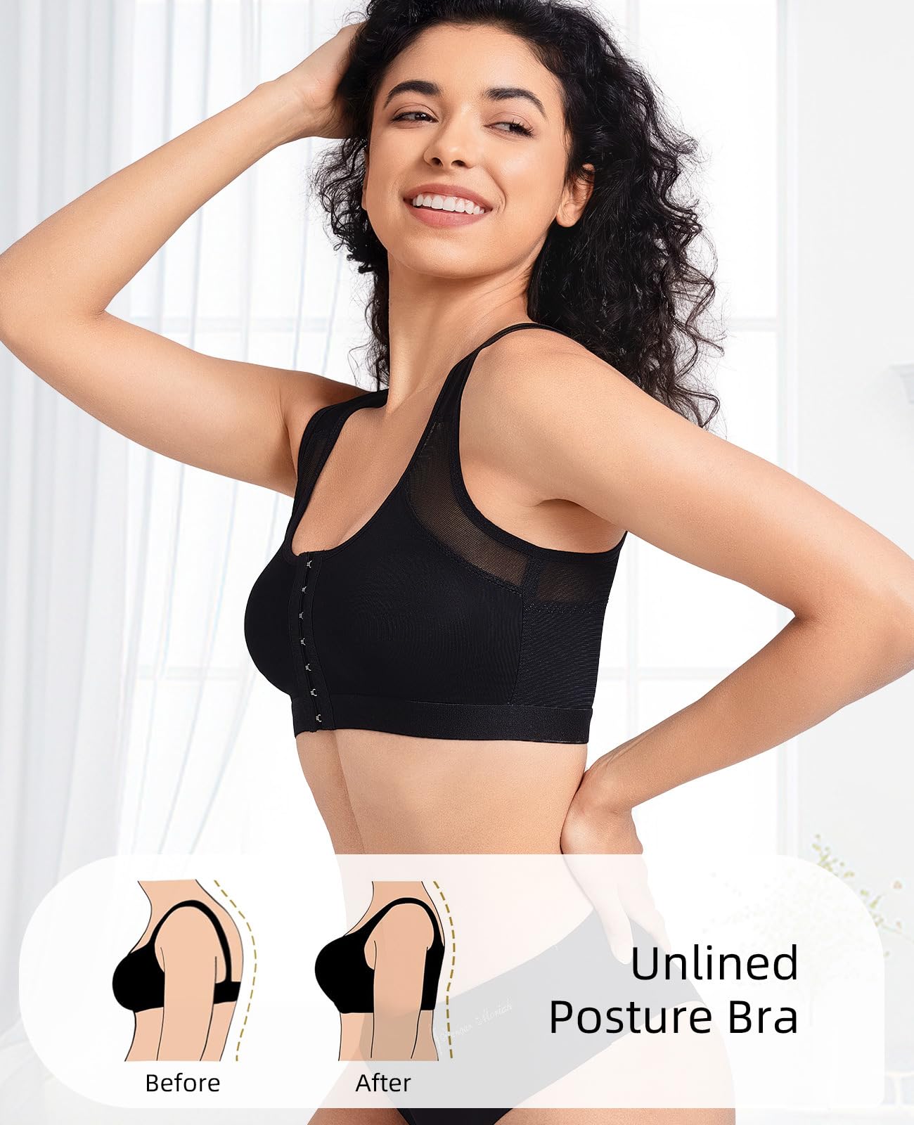 Upushall Front Closure Posture Bra Wireless Full Coverage Black Size 2XL