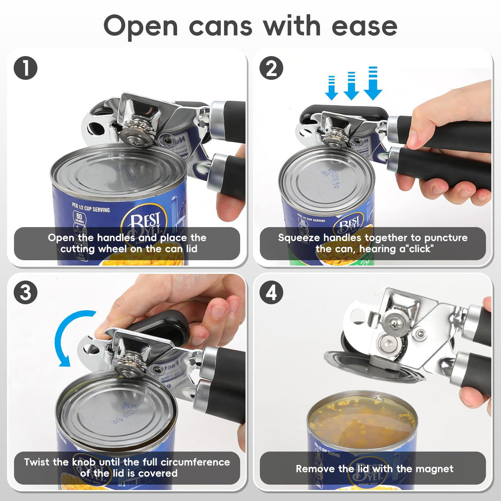 UHIYEE Manual Can Opener Heavy Duty Sharp Blade Soft Handle Black