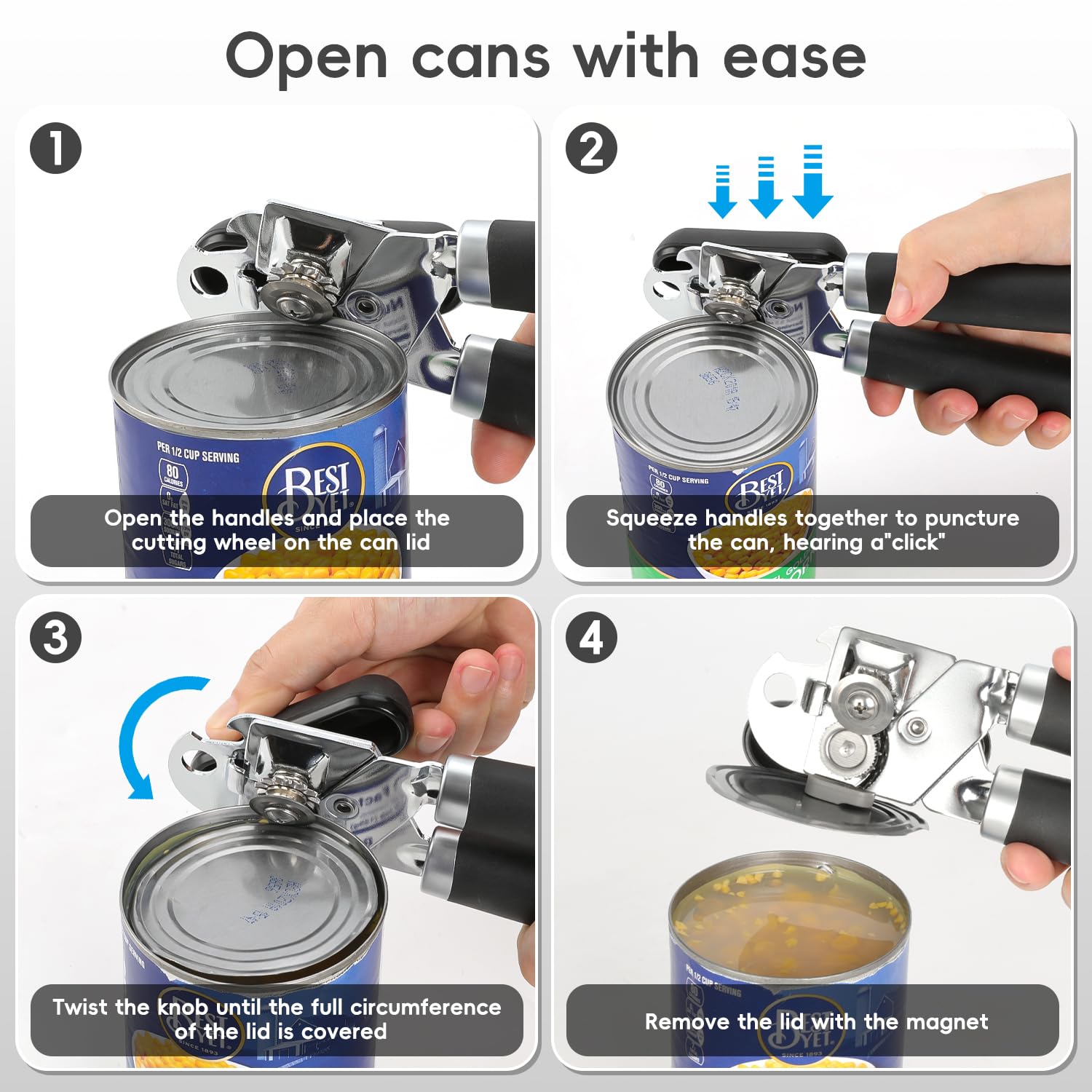 UHIYEE Manual Can Opener Heavy Duty Sharp Blade Soft Handle Black