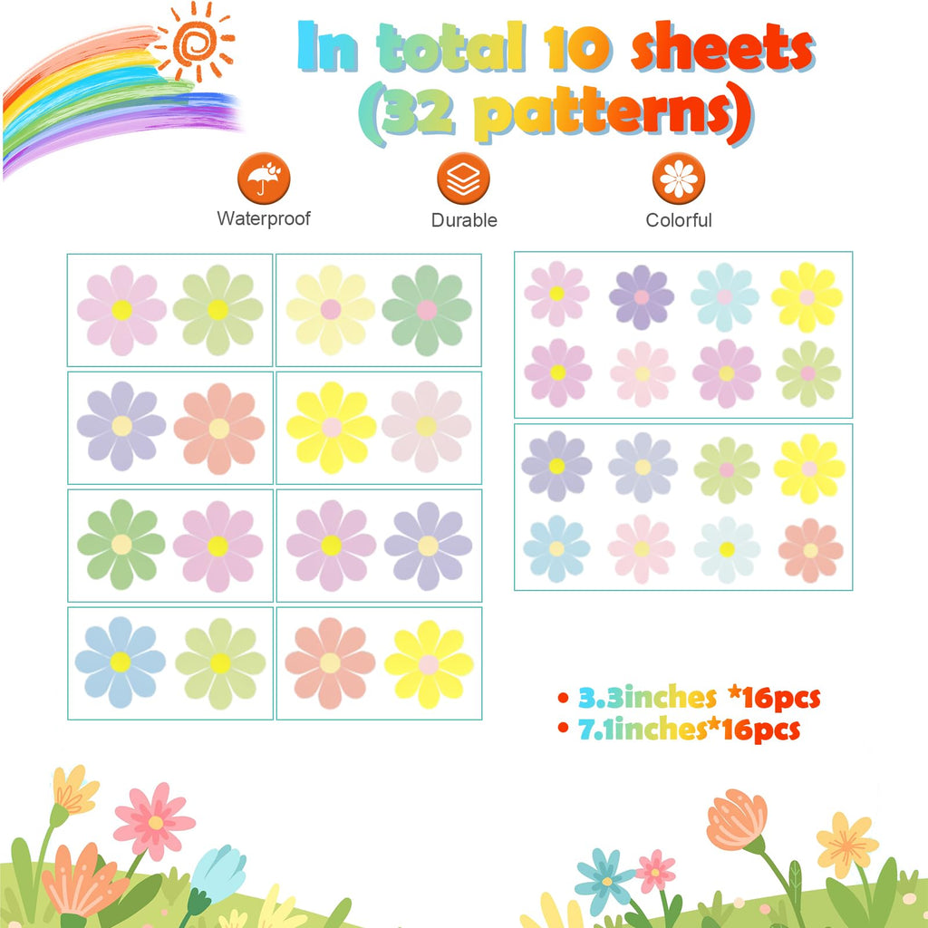 Rapid Decor 32 Pcs Danish Pastel Waterproof Removable Flower Wall Decals